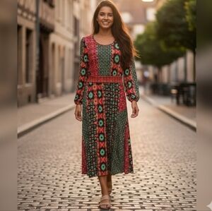 Aldo Martins Patchwork Geometric Long Sleeve Midi Dress | Size S